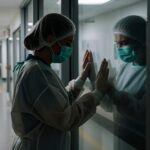 Obespravljene medicinske sestre: iscrpljena sestra u zaštitnoj opremi naslonjena na bolničko staklo