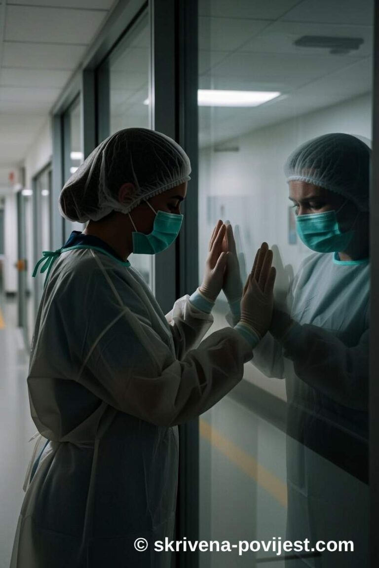 Obespravljene medicinske sestre: iscrpljena sestra u zaštitnoj opremi naslonjena na bolničko staklo