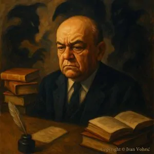 Stilizirani prikaz Miroslava Krleže s knjigama i sjenama – simbol njegove genijalnosti, ali i unutarnjih strahova i proturječja.