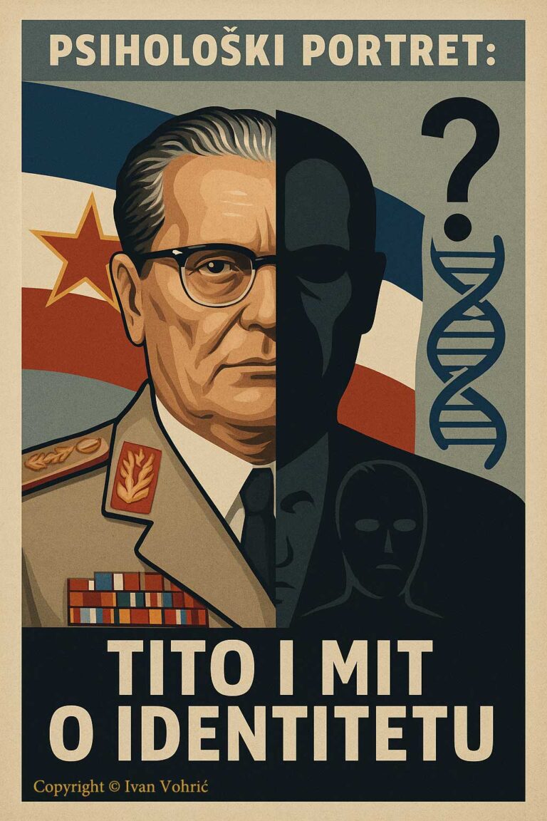 Stilizirana ilustracija Josipa Broza Tita s dvostrukim licem – jedno u uniformi, drugo pod maskom. U pozadini jugoslavenska zastava, DNK spirala i upitnik, simbolizirajući teorije zavjere o njegovom identitetu.