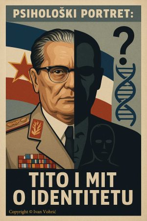 Stilizirana ilustracija Josipa Broza Tita s dvostrukim licem – jedno u uniformi, drugo pod maskom. U pozadini jugoslavenska zastava, DNK spirala i upitnik, simbolizirajući teorije zavjere o njegovom identitetu.