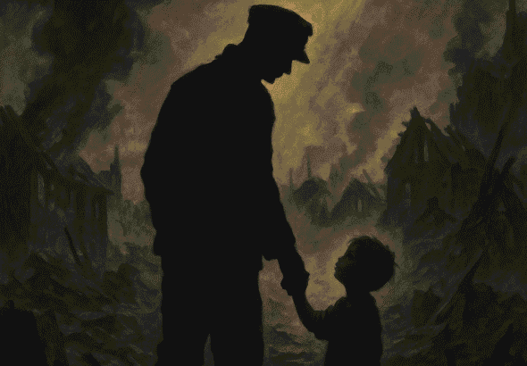 Umjetnička ilustracija vojnika i djeteta u ruševinama rata, simbol priče o Juri Francetiću i Sreti Gorančiću te ljudskosti usred Drugog svjetskog rata