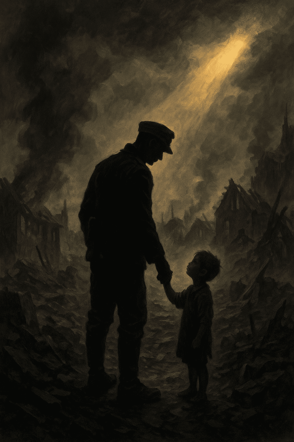 Umjetnička ilustracija vojnika i djeteta u ruševinama rata, simbol priče o Juri Francetiću i Sreti Gorančiću te ljudskosti usred Drugog svjetskog rata